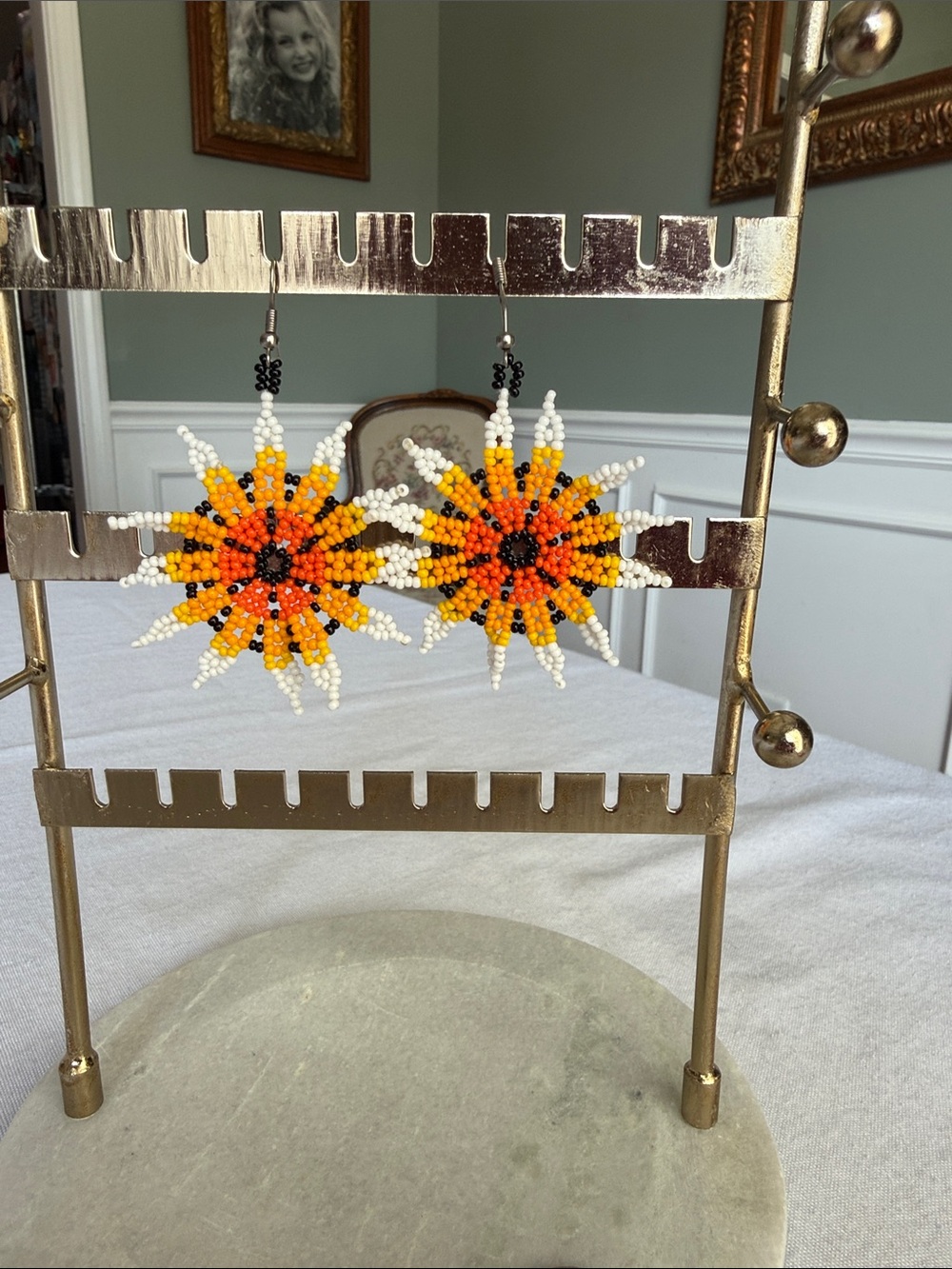 Handmade Sunburst Beaded Earrings - Orange, Yellow & White